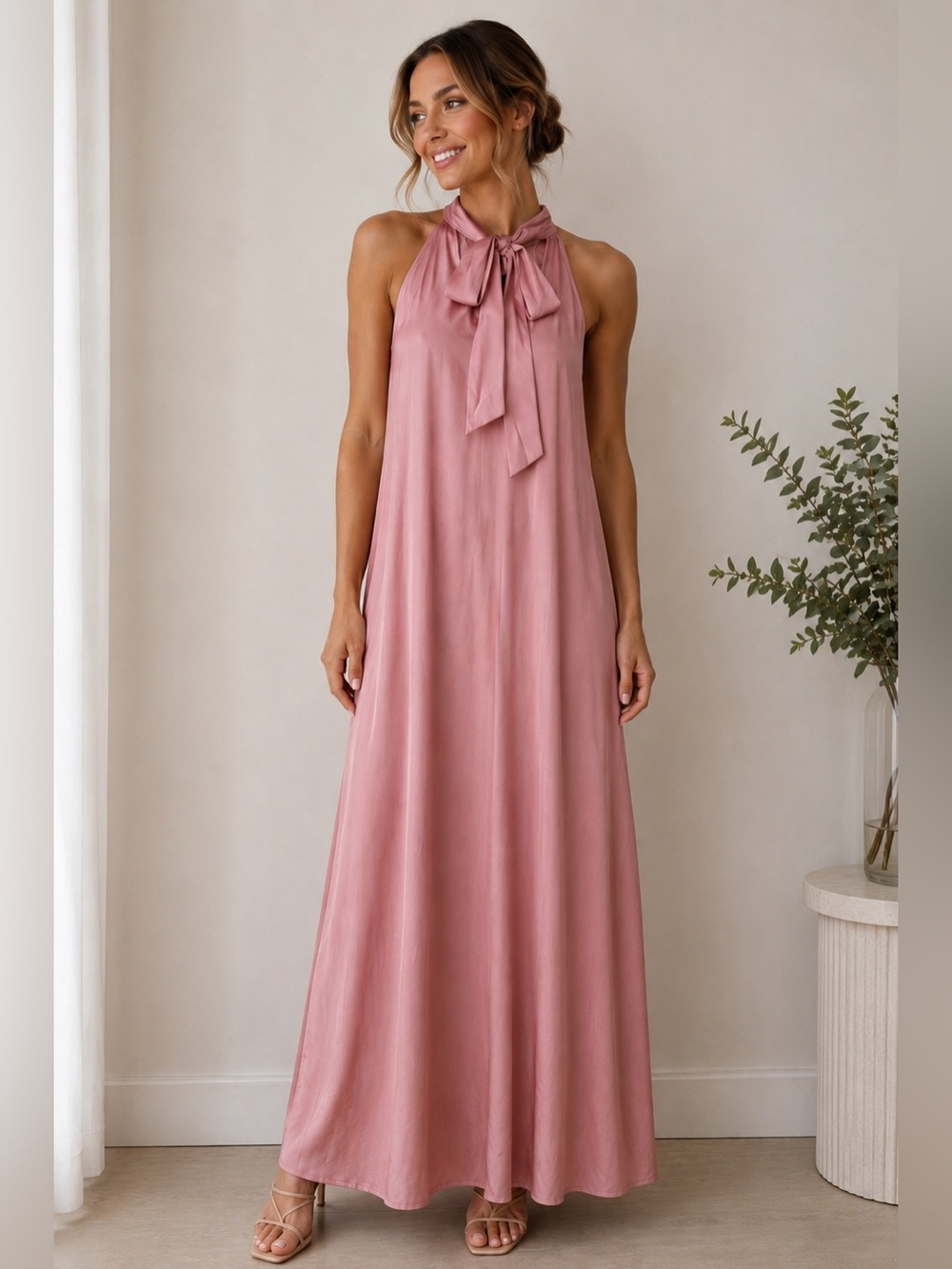 NEW Satin-Look Blush Pink Halter Tie Neck Maxi Dress